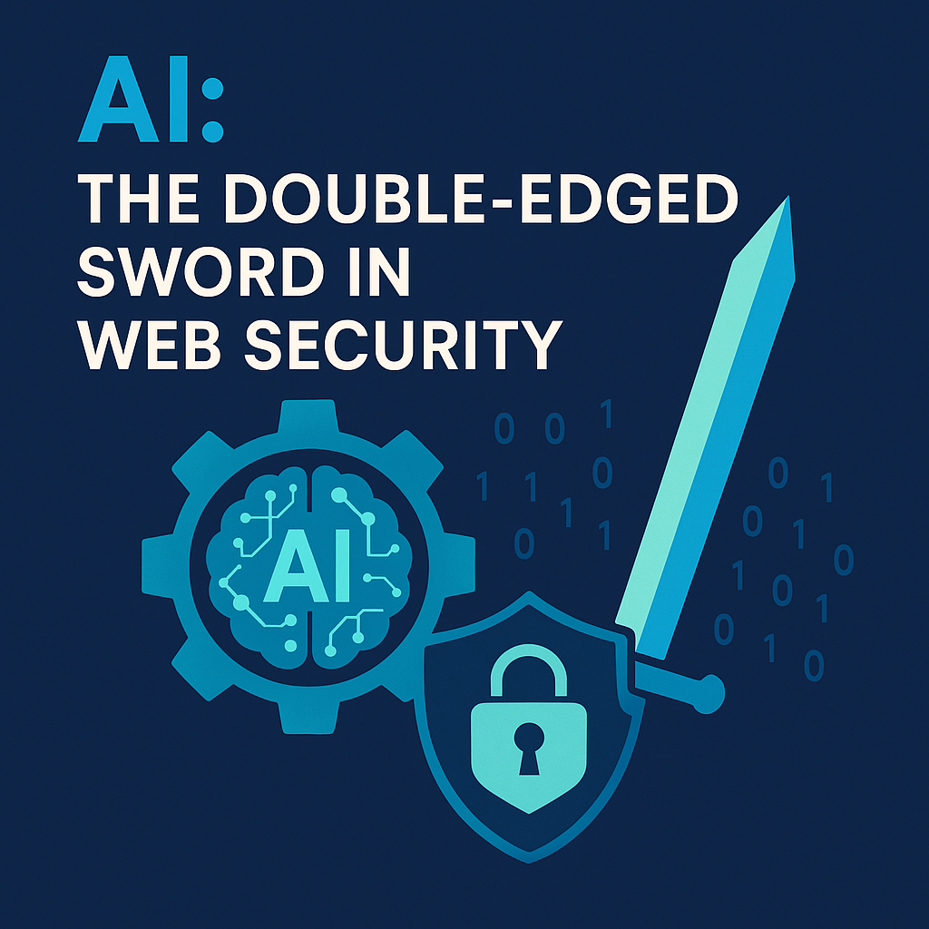 Illustration representing the dual role of AI in web security, featuring a glowing AI brain inside a gear, a double-edged sword, and a padlock shield on a dark blue background with binary code.